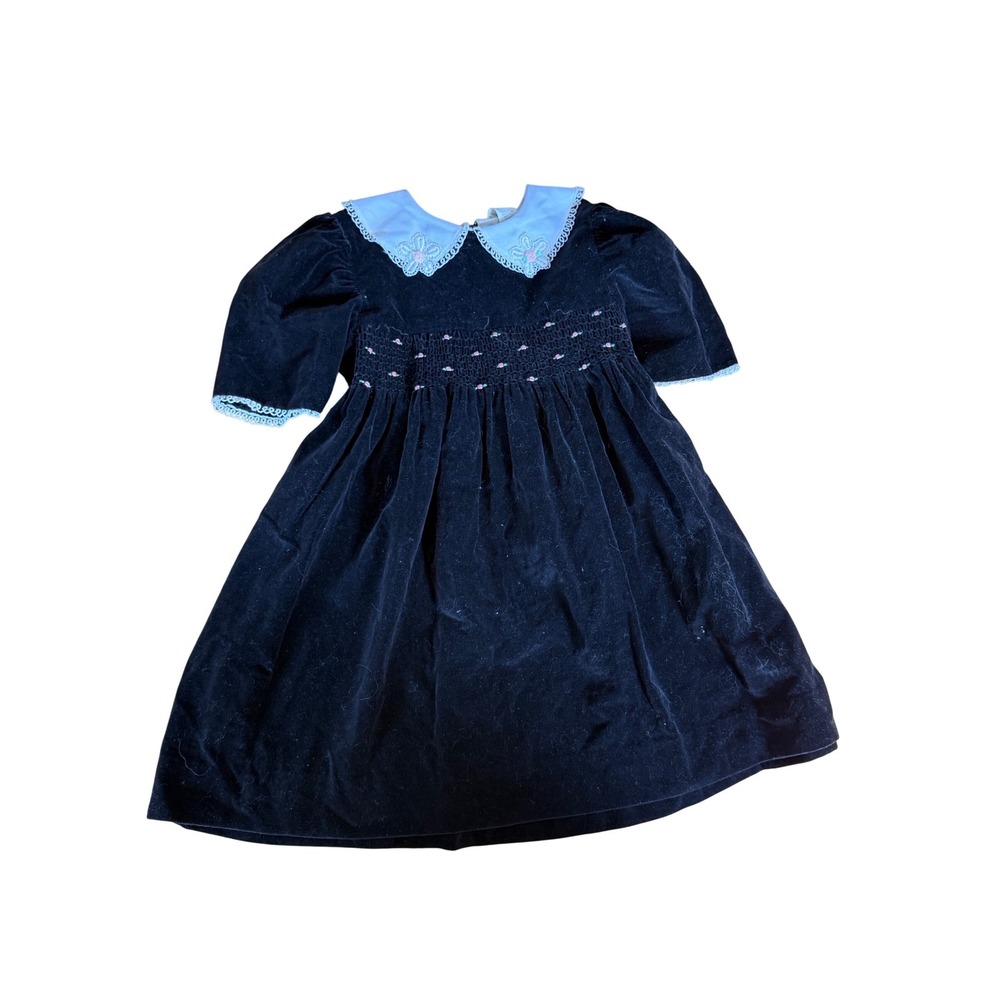 Vintage black velour long sleeve Peter Pan collar girls dress smocked waist